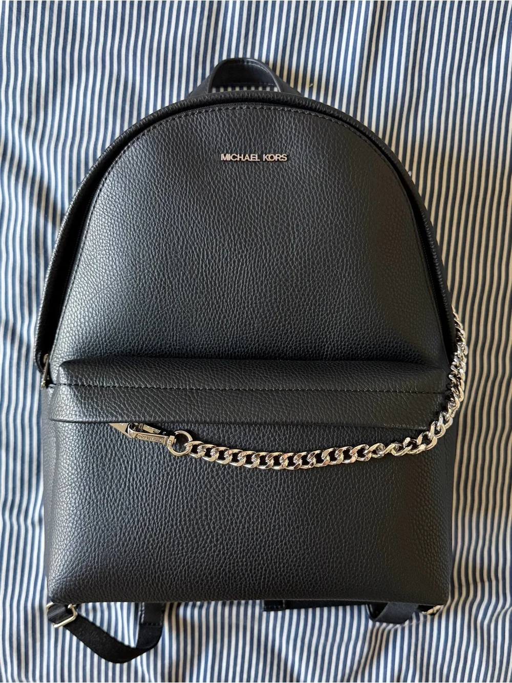 Michael Kors Black Pebbled Leather Mini Backpack with Silver Chain